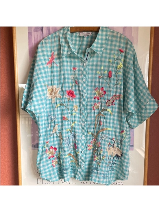 Johnny Was Tops - Johnny Was Turquoise Gingham Embroidered Button-Front Blouse , great condition!